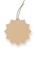 Blank star shaped cardboard price tag with stripes hanging from string with knot and metallic eyelet, isolated on white background with soft shadow vector