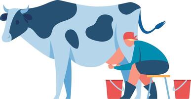 Farmer milking cow sitting on wooden stool with two red buckets, milkmaid working on farm, dairy products production, healthy nutrition concept, organic food illustration vector