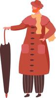 Redhead man wearing a stylish hat, cozy scarf, long coat, and striped trousers, holding a closed umbrella, showcasing autumn fashion in a full length portrait against a white background vector