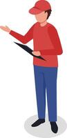 Delivery man wearing a red cap and shirt, holding a clipboard while gesturing with his hand, captured in a full length portrait against a clean white background vector