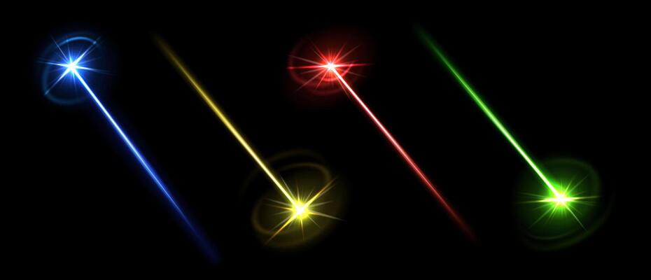 Laser beams. Red, blue and yellow, green laser light line effect with glowing sparkle. Realistic 3D colorful bright neon lazer ray, party light element isolated set