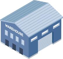 Isometric blue warehouse building featuring a loading dock and a metal roof, illustrating concepts of storage, logistics, industry, distribution, and commerce in a modern design vector