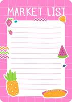 Empty market list template featuring adorable fruit and hot dog illustrations, waiting to be filled on a vibrant pink checkered background, perfect for grocery planning and summer meals vector