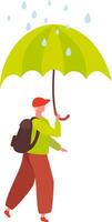 Young student with backpack walking in the rain holding a green umbrella, rainy weather, rain drops falling, protection and safety concept, colorful flat illustration vector
