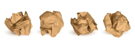 Realistic 3d crumpled paper balls. Cardboard garbage paper balls. Brown crumpled ball of used rubbish scrunched paper. Carton wrinkled crumple wads isolated set vector