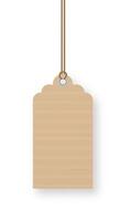 Blank beige cardboard price tag with smooth edges hanging from a knotted brown rope is isolated on a white background with a slight shadow underneath, giving a realistic and elegant feel vector
