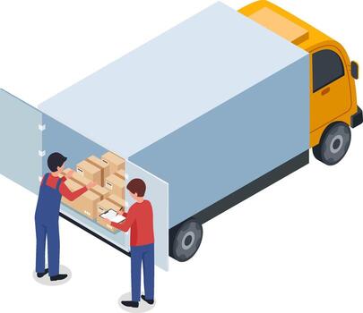 dos entrega hombres gerente cartulina cajas dentro un camión, uno comprobación el contenido mientras el otro escritura notas en un portapapeles, asegurando eficiente logística y organización vector