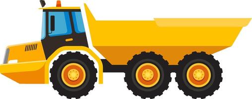 Heavy duty dump truck designed for carrying loose material on construction sites, featuring a large open box bed and robust tires for navigating challenging terrain vector
