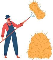 Farmer stacking hay with pitchfork vector