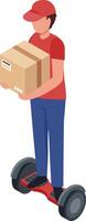 Delivery man wearing a red t shirt and cap, riding a red and black hoverboard while carrying a cardboard parcel, showcases modern logistics in an isometric view vector