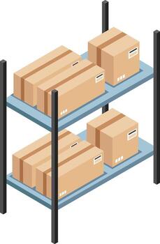 Isometric view featuring warehouse shelves filled with cardboard boxes, illustrating concepts of storage, logistics, inventory management, and distribution processes within the supply chain vector