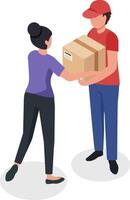 Delivery man in a red t shirt and cap handing over a cardboard box to an office worker completing an online order, captured from an isometric perspective vector