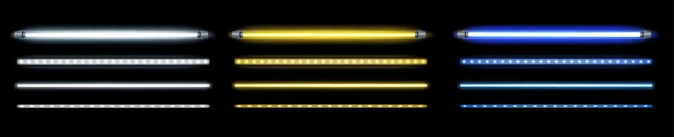 Neon tube lamp. Fluorescent led light white, blue and yellow. Glowing horizontal electric stripe bulb, bright illumination, industrial equipment. 3D realistic set vector