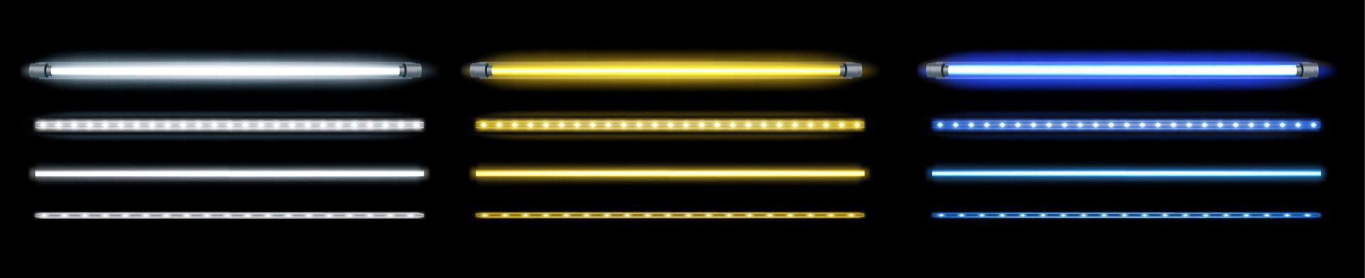 Neon tube lamp. Fluorescent led light white, blue and yellow. Glowing horizontal electric stripe bulb, bright illumination, industrial equipment. 3D realistic set