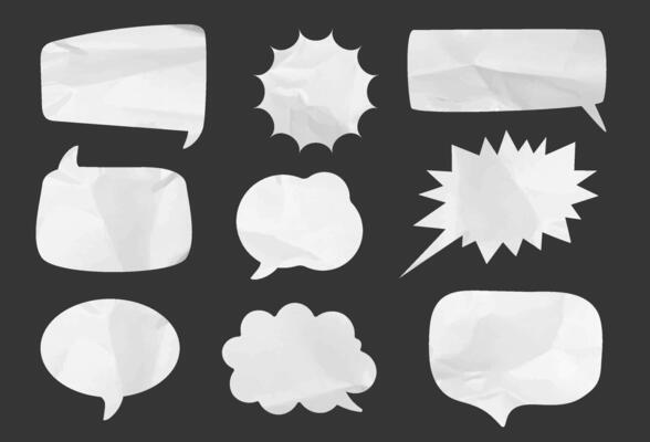 Crumpled paper speech bubbles. Comic text balloon, dialog boxes with wrinkled paper texture. Social media dialogue frame, chatting box and thought clouds isolated set