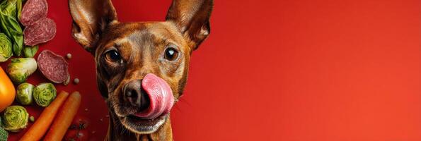 Dog Excitedly Licking Lips Beside a Variety of Gourmet Food and Fresh Ingredients in a Spacious, Airy Setting photo