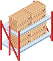 Metal shelves with cardboard boxes placed on two levels, symbolizing storage, logistics, and shipping in a warehouse environment, ensuring organized inventory management vector