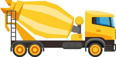 Yellow cement mixer truck transporting concrete on a construction site, ensuring efficient delivery of building materials for various projects vector