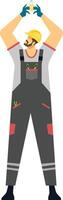 Electrician wearing overalls, safety gloves and hardhat holding a lightbulb with arms raised, promoting electrical safety and efficient lighting solutions for residential and commercial spaces vector