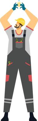 Electrician wearing overalls, safety gloves and hardhat holding a lightbulb with arms raised, promoting electrical safety and efficient lighting solutions for residential and commercial spaces