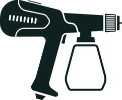 Professional electric paint sprayer featuring a small tank, spraying vibrant coloring liquid for painting walls and surfaces, presented as a simple black and white icon vector