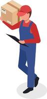 Courier wearing uniform and holding cardboard box and clipboard is checking shipping address and preparing for delivering parcel to customer vector