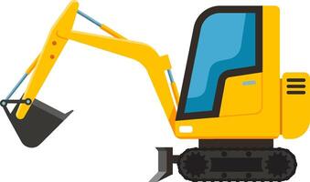 Yellow excavator with black tracks digging into the ground, featuring a black shovel in a side view flat illustration, isolated against a clean white background vector