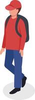 Delivery man walking with a backpack, wearing a red shirt and cap, showcases an isometric view of a courier delivering a package efficiently and reliably vector