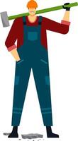 Construction worker wearing uniform and hard hat holding sledgehammer on shoulder standing near broken stones, building and renovation concept vector