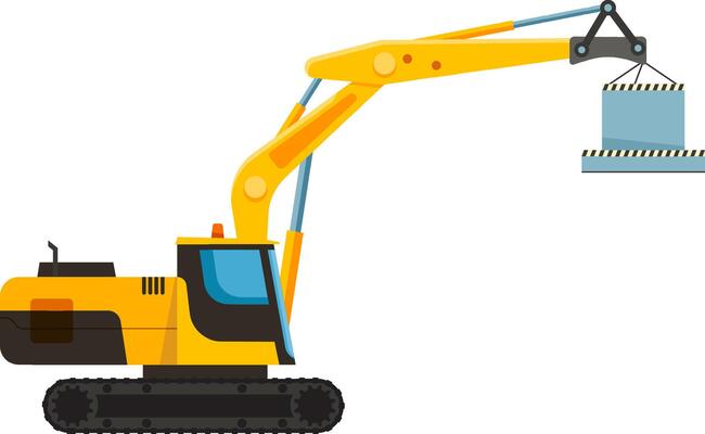 Yellow excavator lifting a concrete block with its crane arm fully extended, showcasing the dynamic action of construction and heavy machinery in full operation at a worksite