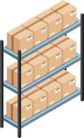 Cardboard boxes with labels standing on metal shelves forming rows in a warehouse, isometric view representing storage, logistics, inventory, distribution and shipping concepts vector