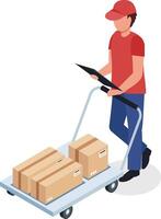 Delivery man wearing a red t shirt and cap is pushing a trolley with cardboard boxes containing goods and checking a tablet, shipping and logistics concept vector