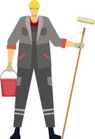 Construction worker dressed in protective workwear, holding a paint roller and a bucket, preparing for a house renovation or painting project, focused on home improvement tasks vector
