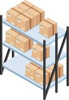 Metal warehouse shelves storing various cardboard boxes ready for shipping and delivery, representing logistics, inventory management, and order fulfillment vector
