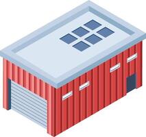 Isometric illustration representing a red warehouse building with closed rolling shutter door and skylights on the roof, ideal for industrial and architectural projects vector