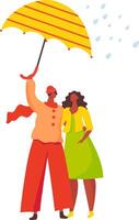 Young man and woman sharing an umbrella while enjoying a romantic walk in rainy weather, dressed in warm clothes, capturing the essence of love in autumn or spring vector