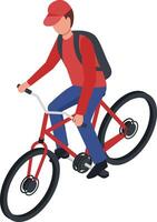 Delivery man wearing a red cap and shirt, riding a red bicycle while transporting takeout food in a backpack, captured in an isometric illustration style vector