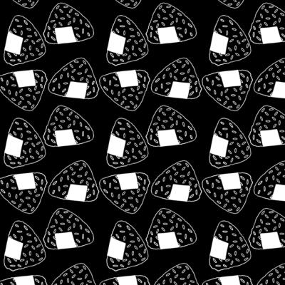 Pattern with Japanese onigiri in black and white line art style. Perfect for Asian food-themed designs, textiles, packaging, or modern kitchen decor.