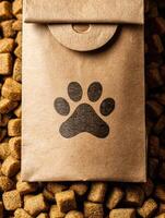 Closeup on Organic Pet Food Tag With Empty Packaging Background Emphasizing Quality and Natural Ingredients for Pets photo