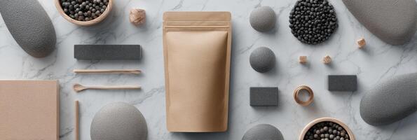 Creating a Modern Pouch Mockup With Minimal Props Arranged on a Marble Surface for Branding and Product Design photo