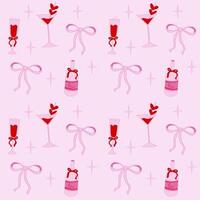 Cute coquette pattern seamless pink ribbon bow and wine isolated on pink background vector