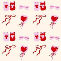 Cute coquette pattern seamless pink ribbon bow and Candy bear isolated on beige background vector