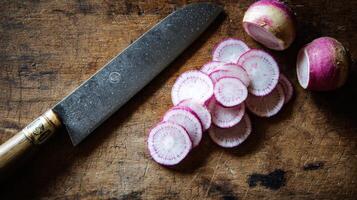 Sliced Radish on Wooden Surface With Knife Ready for Culinary Preparation photo