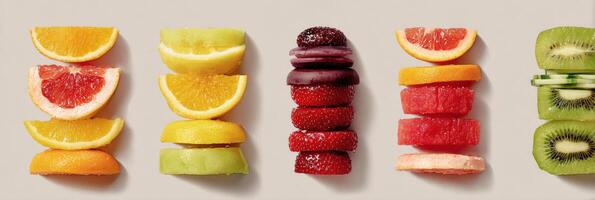 Stacked Arrangement of Vibrant Fruit Slices Creating a Colorful Totem Formation photo