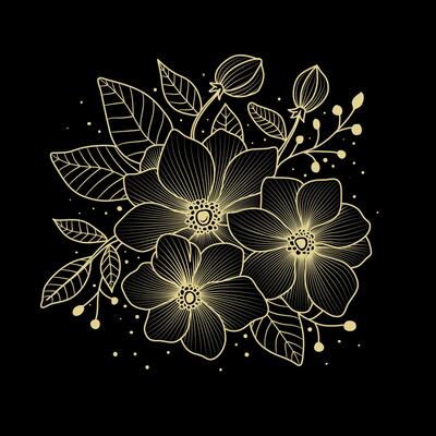 Luxury floral engraving illustration in gold line art style