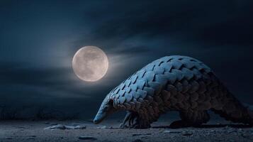 Pangolin Explores the Desert Landscape Under a Full Moon, Evoking a Sense of Mystery and Wonder in the Night photo