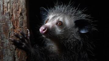 Close-up of Aye-Aye Fingers on Tree Bark Captured in Moody Lighting, Revealing Unique Features in a Forest Setting photo