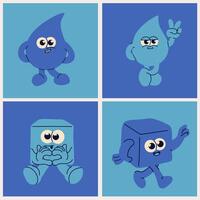 Retro Cartoon Water Drop and Ice Cube Characters vector