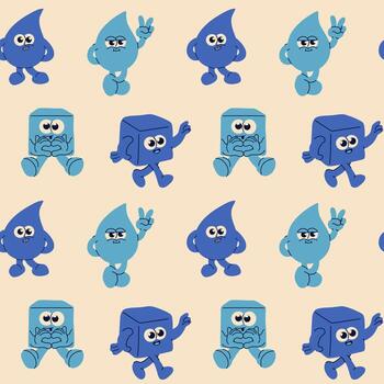 Seamless pattern with Retro Cartoon Water Drop and Ice Cube Characters vector