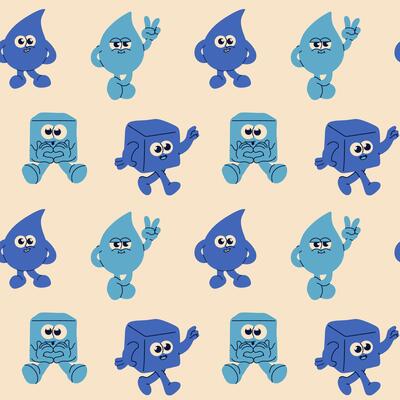Seamless pattern with Retro Cartoon Water Drop and Ice Cube Characters